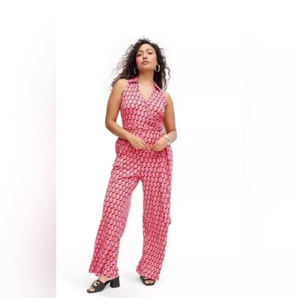 Diane Von Fürstenberg DVF X Target Pink Retro Wide Leg Collared Jumpsuit XXS - Picture 2 of 10